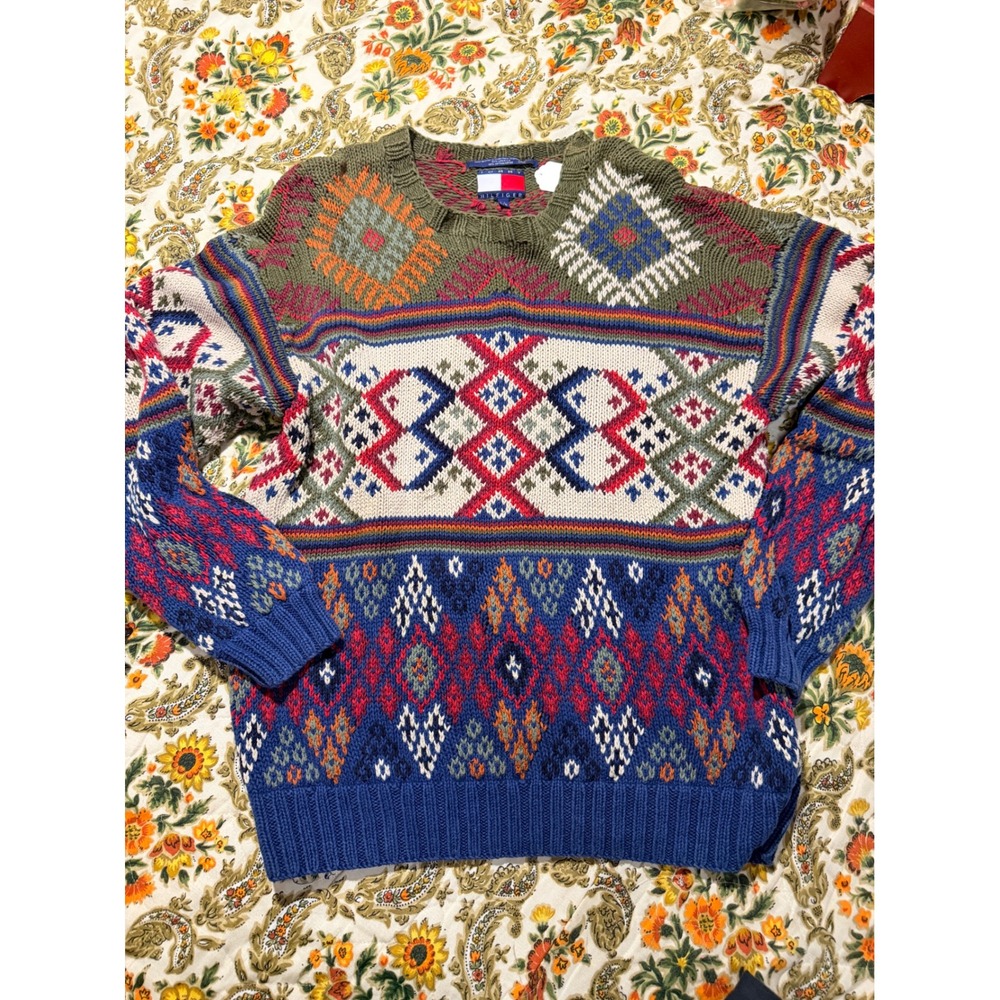 Tommy Hilfiger Vintage Hand Knitted Fair Isle Sweater Mens Large Linen Cotton